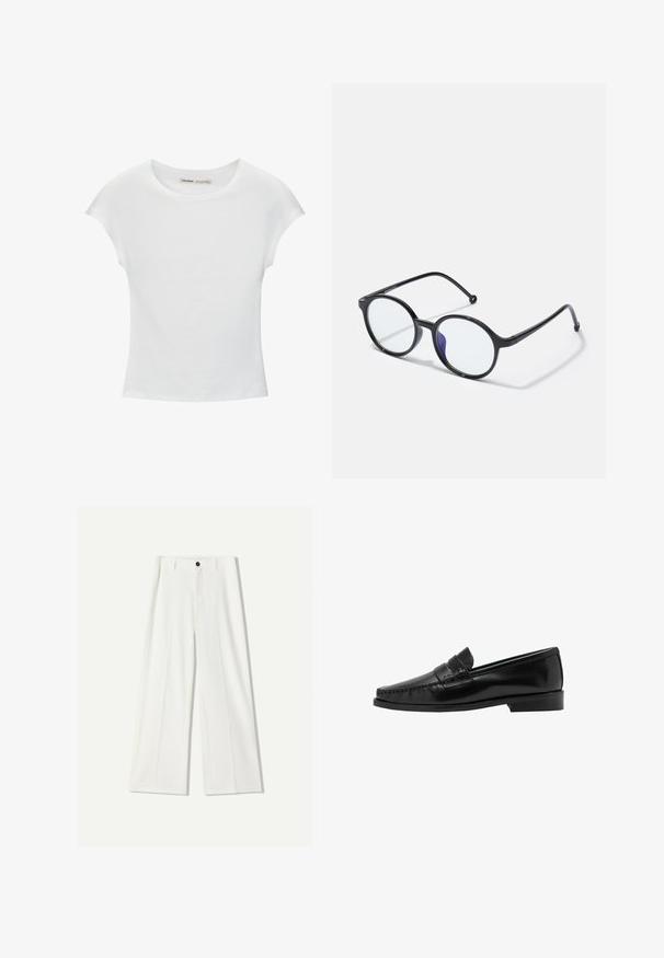 T-shirt en coton blanc avec manches courtes retroussées, encolure ronde et ourlet droit. Texture lisse sans motifs ni accents visibles.; Pantalon large blanc en tissu lisse, avec une fermeture à bouton à l'avant et des détails plissés. Conception à l'avant plat, sans poches visibles.; Mocassins en cuir noir avec un design de bout cousu et un talon bas. La tige présente une bride décorative. Texture de surface lisse et brillante.; Lunettes noires rondes avec des montures fines, verres transparents et une légère teinte violette d'un côté ; design épuré avec une finition polie.