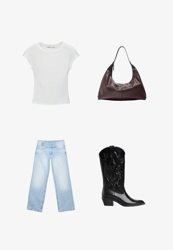 Weißes Baumwoll-T-Shirt mit kurzen, aufgerollten Ärmeln, rundem Ausschnitt und geradem Saum. Glatte Textur ohne sichtbare Muster oder Akzente.; Hellblaue Straight-Leg-Jeans mit hoher Taille, Knopf- und Reißverschluss, Vorder- und Gesäßtaschen und ausgebleichten Bereichen an den Oberschenkeln.; Schwarze Leder-Cowboy-Stiefel mit gestickten Dekormustern, spitzem Zeh, schrägem Mittelabsatz und Zugschlaufe oben am Schaft.; Dunkelbraune Lederschultertasche mit einem einzelnen Riemen und einem Reißverschluss auf der einen Seite, weiche, lockere Struktur und glatte Textur.