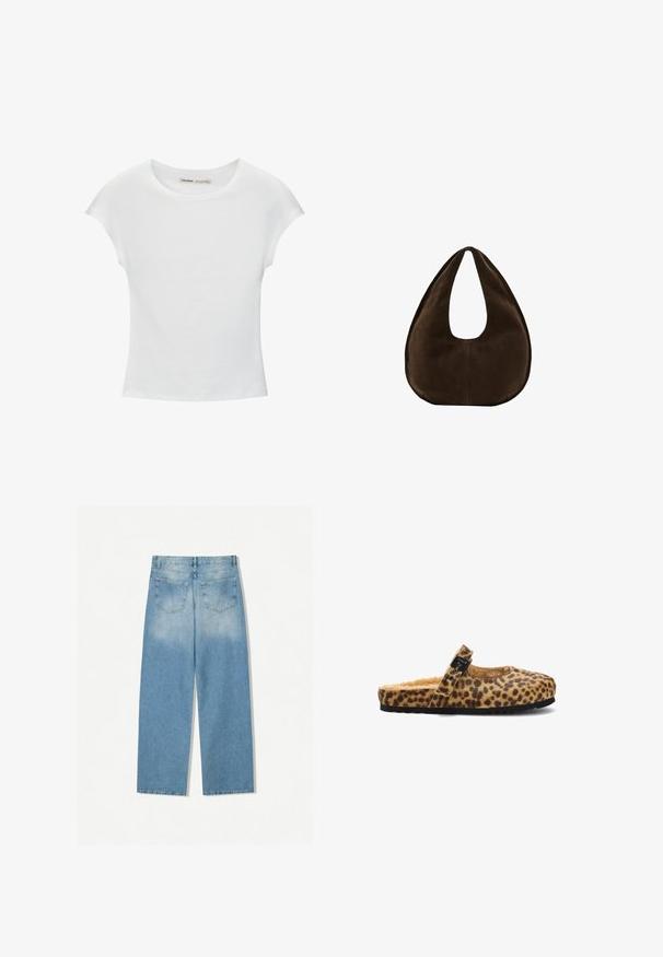 Witte katoenen T-shirt met korte, opgerolde mouwen, een ronde halslijn en een rechte zoom. Gladde textuur zonder zichtbare patronen of accenten.; Lichtblauwe denim jeans met een rechte pijpdesign, met twee achterzakken en een vervaagde textuur in de bovenste secties.; Slingback pantoffel met luipaardprint, een zachte binnenkant, een ronde neus en een decoratieve zwarte gesp. Zwarte rubberen zool met textuur.; Donkerbruine suède handtas in halve maanvorm met een enkele brede riem en een gladde textuur op een witte achtergrond.