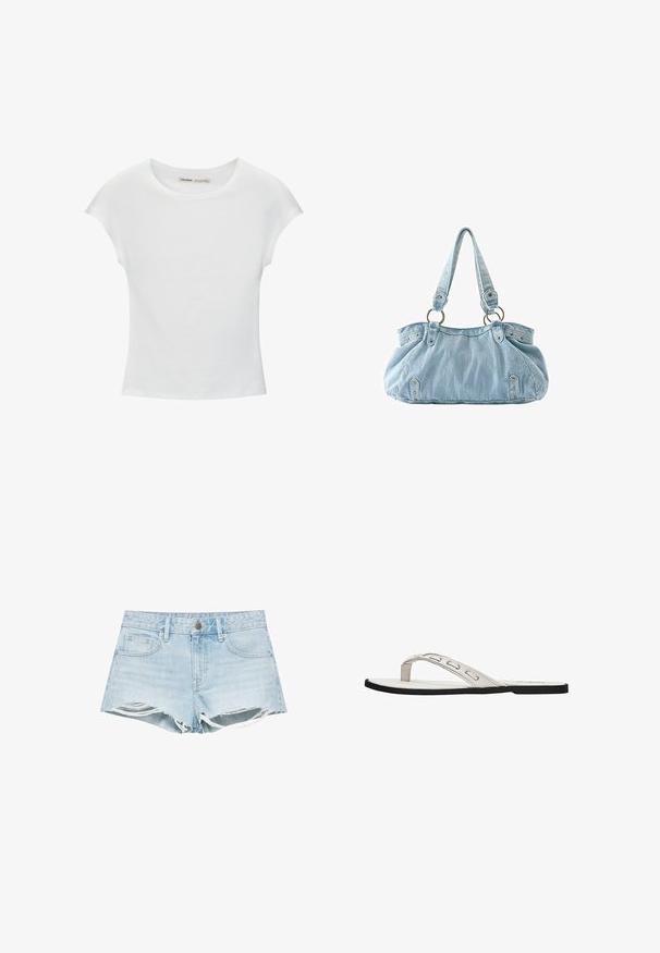 T-shirt en coton blanc avec manches courtes retroussées, encolure ronde et ourlet droit. Texture lisse sans motifs ni accents visibles.; Short en denim bleu clair avec ourlets effilochés, déchirures usées sur les jambes avant, bouton avant, fermeture éclair et style cinq poches.; Sandale flip-flop plate blanche avec des fines brides présentant des détails découpés et une semelle noire.; Sac à main en denim bleu clair avec deux bretelles attachées à des anneaux métalliques et des rivets décoratifs à l'avant et sur les côtés.