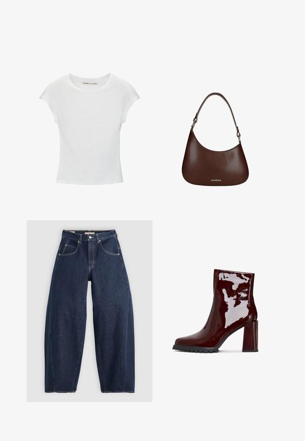 Hvid bomuld t-shirt med korte, opsmøgede ærmer, rund halsudskæring og lige kant. Glat tekstur uden synlige mønstre eller detaljer.; Mørkeblå denim jeans med løs pasform, lyse syninger, fem lommer og en knaplukning ved taljen.; Glatte bordeaux ankelstøvle med firkantet tå, kraftig gennemsigtig hæl og tekstureret sort sål. Glat overflade med en højglans finish.; Brun skuldertaske i læder med buet silhuet og kort rem, der har en lille metalisk "wojas"-logo i nederste center.