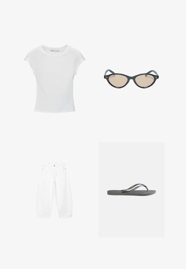 T-shirt en coton blanc avec manches courtes retroussées, encolure ronde et ourlet droit. Texture lisse sans motifs ni accents visibles.; Jean blanc à jambes larges avec boutons et fermeture éclair à l'avant, passants pour ceinture, poches latérales et avant, présenté sur un fond uni.; Claquette grise plate avec semelle texturée et fines brides en Y, vue de profil sur un fond clair uni.; Lunettes de soleil noires à monture œil de chat avec des verres teintés brun clair et de petits points décoratifs près des charnières.