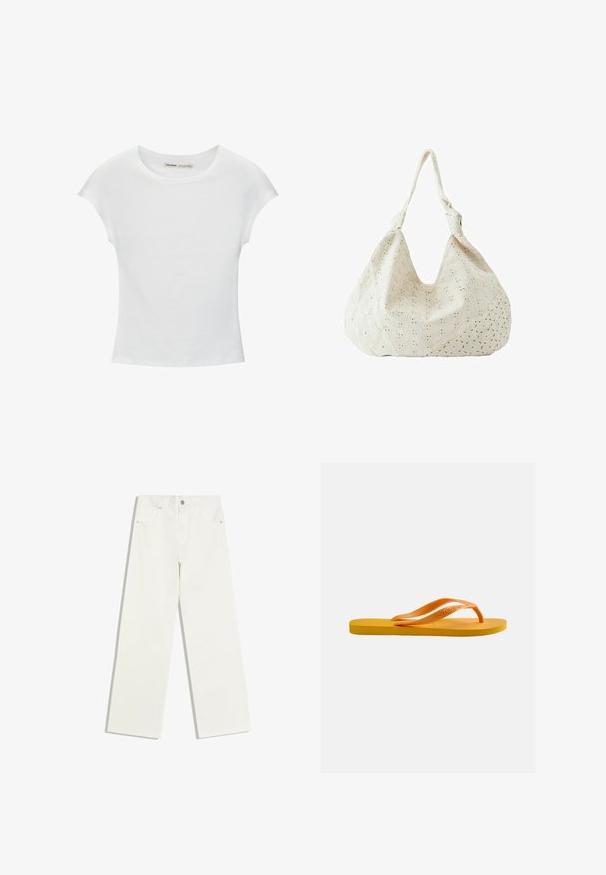 Witte katoenen T-shirt met korte, opgerolde mouwen, een ronde halslijn en een rechte zoom. Gladde textuur zonder zichtbare patronen of accenten.; Witte jeans met hoge taille en rechte pijpen, met voorzakken en een knoopsluiting op een witte achtergrond.; Gele teenslipper met een gestructureerde zool en oranje rubberen bandjes tegen een effen lichtgrijze achtergrond.; Crèmekleurige stoffen schoudertas met oogjesbloemenborduursel en een enkele zachte band.