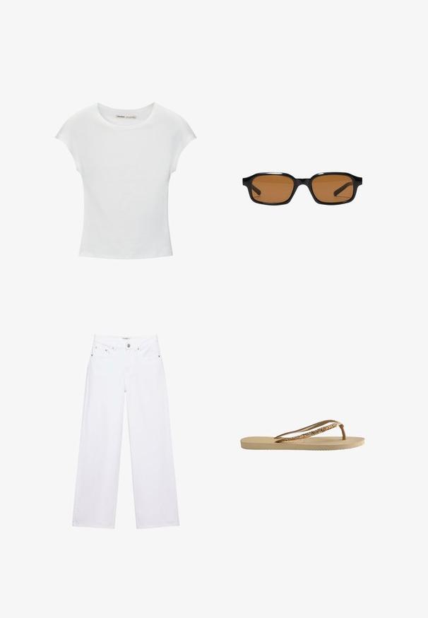 Witte katoenen T-shirt met korte, opgerolde mouwen, een ronde halslijn en een rechte zoom. Gladde textuur zonder zichtbare patronen of accenten.; Witte jeans met hoge taille en wijde pijpen, voorzien van knoop- en ritssluiting, voor- en achterzakken, en zilverkleurige klinknageldetails.; Tongs met een beige gestructureerde zool, dunne bruine banden en gouden glitters. Lichtgewicht ontwerp geschikt voor casual gebruik.; Zwarte rechthoekige zonnebril met dikke monturen en bruin getinte glazen, getoond van voren op een witte achtergrond.