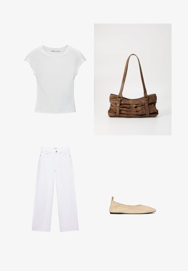 Witte katoenen T-shirt met korte, opgerolde mouwen, een ronde halslijn en een rechte zoom. Gladde textuur zonder zichtbare patronen of accenten.; Witte jeans met hoge taille en wijde pijpen, voorzien van knoop- en ritssluiting, voor- en achterzakken, en zilverkleurige klinknageldetails.; Beige leren ballerina's met een gerimpelde elastische opening, puntige neus en platte zool. Zachte textuur met een minimalistisch ontwerp.; Even&Odd by Zalando Handtas - brown
