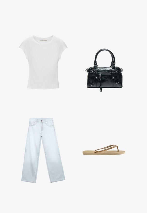 T-shirt en coton blanc avec manches courtes retroussées, encolure ronde et ourlet droit. Texture lisse sans motifs ni accents visibles.; Jean large à jambes larges bleu clair avec poches frontales, passants de ceinture et fermeture par bouton sur fond blanc.; Tongs avec une semelle texturée beige, de fines brides brunes et des accents en paillettes dorées. Design léger adapté à une utilisation décontractée.; Sac à main en cuir noir avec deux poignées, poche avant zippée, clous argentés et surface texturée isolée sur fond blanc.