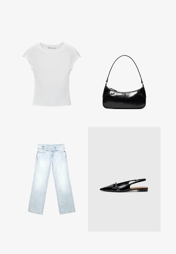 Hvid bomuld t-shirt med korte, opsmøgede ærmer, rund halsudskæring og lige kant. Glat tekstur uden synlige mønstre eller detaljer.; Lyseblå jeans med vide ben, forlommer, bæltestropper og knaplukning på hvid baggrund.; Sorte patenterede læderslipsko med spids tå, minimalistisk design, lille hæl og sølvfarvet spænde på remmen.; Sort, blank skuldertaske i læder med et enkelt rum med lynlås og en tynd rem buet i en bueform.