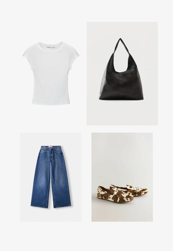 Hvid bomuld t-shirt med korte, opsmøgede ærmer, rund halsudskæring og lige kant. Glat tekstur uden synlige mønstre eller detaljer.; Bredbenet blå denimjeans med forlommer, bæltestropper og knaplukning, lagt fladt på en lys baggrund.; Ko-mønster loafers lavet af blødt materiale med brun og hvidt mønster, der har slip-on design og flad gummisål.; Sort skuldertaske i glat læder med en bred, enkelt strop og et afslappet, minimalistisk design mod en ensfarvet baggrund.