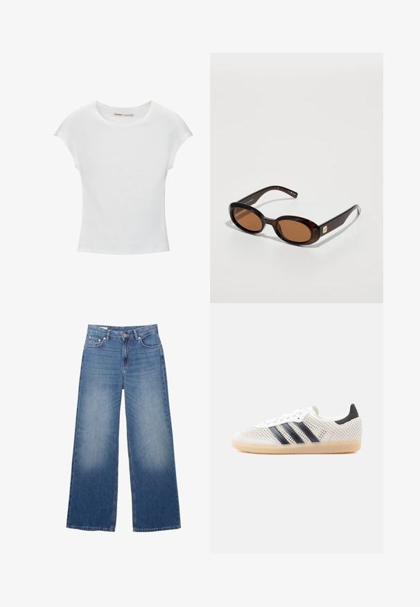 Hvid bomuld t-shirt med korte, opsmøgede ærmer, rund halsudskæring og lige kant. Glat tekstur uden synlige mønstre eller detaljer.; Blå brede jeans i denim med knap og lynlås foran, der har lommer foran og bagpå samt let falming på lårene.; Hvide mesh-sneakers med sort tre-stribet design, rundet tå og gummisål. Har blød hælkant og snørelukning.; Brune skildpadde-solbriller med ovale linser, der har en tynd stel og en lille metalaccent på siden. Struktureret og poleret overflade.