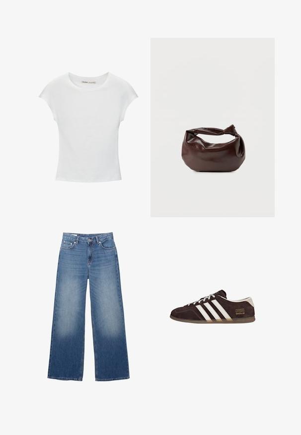 Witte katoenen T-shirt met korte, opgerolde mouwen, een ronde halslijn en een rechte zoom. Gladde textuur zonder zichtbare patronen of accenten.; Blauwe denim wijde broek met voorste knoop en ritssluiting, voorzien van voor- en achterzakken en lichte slijtage op de dijen.; Bruine suède sneakers met drie witte strepen, rubberen zool en een tekstlabel met de tekst "Gazelle" in goud. Vetersluiting met grijze veters.; Donkerbruine leren schoudertas met een zachte, slungelige vorm en een gedraaide knoopvormige handgreep op een effen witte achtergrond.