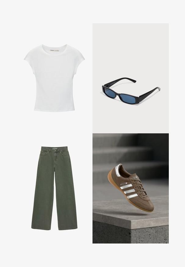 T-shirt en coton blanc avec manches courtes retroussées, encolure ronde et ourlet droit. Texture lisse sans motifs ni accents visibles.; Jean en denim kaki vert olive à taille haute et jambes larges, avec bouton frontal, fermeture éclair, passants pour ceinture et design à cinq poches, étalé à plat.; Baskets en daim marron avec des rayures blanches et des accents argentés, dotées d'une tige texturée, d'un système de laçage et d'une semelle en caoutchouc gomme.; Lunettes de soleil noires avec une monture rectangulaire élégante et des verres bleus. Présente une texture lisse et des branches robustes. Logo de la marque sur le côté.