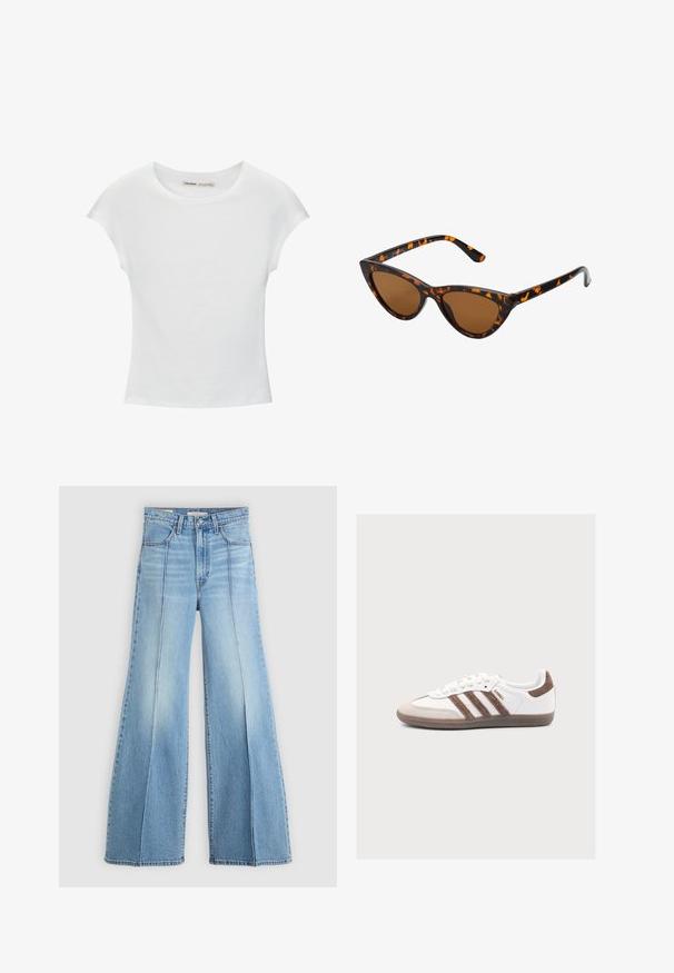 Witte katoenen T-shirt met korte, opgerolde mouwen, een ronde halslijn en een rechte zoom. Gladde textuur zonder zichtbare patronen of accenten.; Lichtblauwe high-waisted jeans met wijde pijpen, voor- en achterzakken, riemlussen en verticale naaddetails aan de voorkant.; Witte Adidas Samba sneaker met bruine suède strepen, bruine suède neus en gumzool op een lichtgrijze achtergrond.; Cat-eye zonnebril met een zwart en oranje schildpadframe, bruine lenzen en slanke, puntige uiteinden. Bevat een minimalistisch logo op de poot.