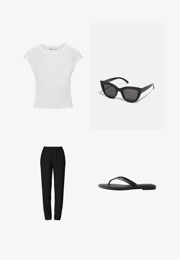 Hvid bomuld t-shirt med korte, opsmøgede ærmer, rund halsudskæring og lige kant. Glat tekstur uden synlige mønstre eller detaljer.; Sorte joggingbukser med elastisk talje, tapered ben og en glat, blød tekstur. Enkel, funktionel design uden yderligere accenter.; Sort flad flip-flop sandal med tynde stropper og en minimal hæl på en hvid baggrund.; Sorte cat-eye solbriller med mat finish, der har grå tonede linser, skarpe vinkler og slanke sidearme. Mærkenavnet er synligt på den indre arm.