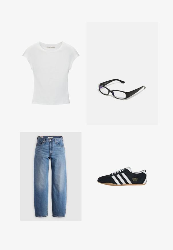 Weißes Baumwoll-T-Shirt mit kurzen, aufgerollten Ärmeln, rundem Ausschnitt und geradem Saum. Glatte Textur ohne sichtbare Muster oder Akzente.; Helleblaue, gerade geschnittene Jeans aus Denim. Merkmale ein klassisches Fünf-Taschen-Design und dezente Ausbleichungen entlang der Beine.; Schwarze Wildledersneaker mit drei weißen Streifen, goldenem Logo und brauner Gummisohle. Merkmale ein niedrigprofiliertes Schnürdesign.; Schwarze rechteckige Brille mit klaren Gläsern. Glänzende Oberfläche, schmale Bügel und lila Tönung an den Rändern der Gläser sichtbar.