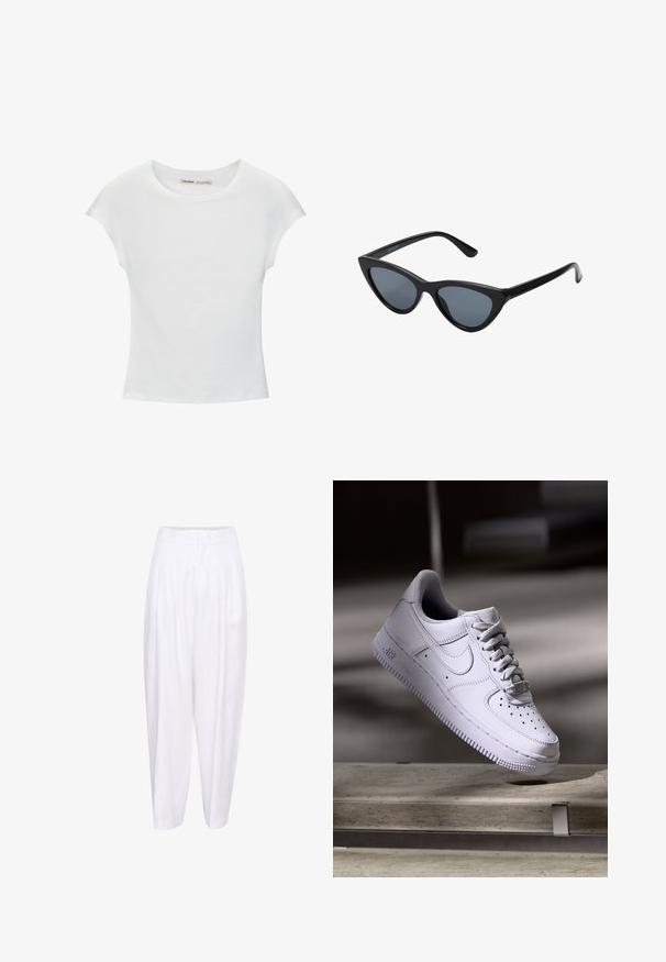 T-shirt en coton blanc avec manches courtes retroussées, encolure ronde et ourlet droit. Texture lisse sans motifs ni accents visibles.; Pantalons en lin blanc à taille haute, avec des plis sur le devant et une silhouette décontractée, se resserrant jusqu'à la cheville. Texture lisse, sans motifs.; Baskets Nike Air Force 1 blanches lévitant au-dessus d'une surface en béton avec des ombres dans un cadre minimaliste.; Lunettes de soleil noires en forme d'œil de chat avec des verres gris foncé, monture en plastique élégante, coins pointus et branches droites. Pas de métal visible ni d'accents.