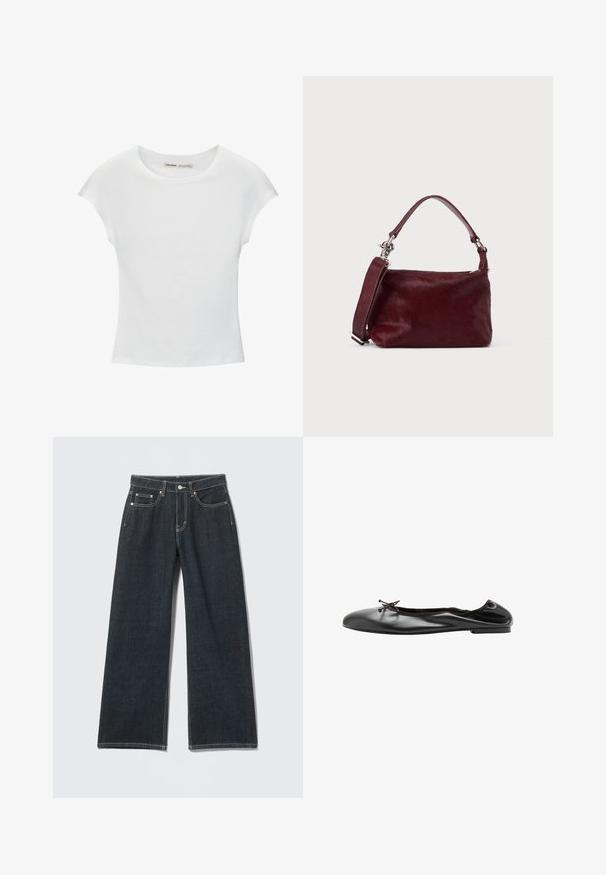 Weißes Baumwoll-T-Shirt mit kurzen, aufgerollten Ärmeln, rundem Ausschnitt und geradem Saum. Glatte Textur ohne sichtbare Muster oder Akzente.; Dunkelblaue Jeans mit weitem Bein, vorn mit Knöpfen, Reißverschluss, Gürtelschlaufen und fünf Taschen, auf hellem einfarbigem Hintergrund.; Schwarzer Leder-Ballerinaschuh mit einer kleinen Schleife vorne und einer leicht gerafften Hinternaht, seitlich auf weißem Hintergrund gezeigt.; Kleine rechteckige bordeauxrote Handtasche mit strukturierter Oberfläche, kurzem Griff und abnehmbarem Schulterriemen auf hellem einfarbigem Hintergrund.
