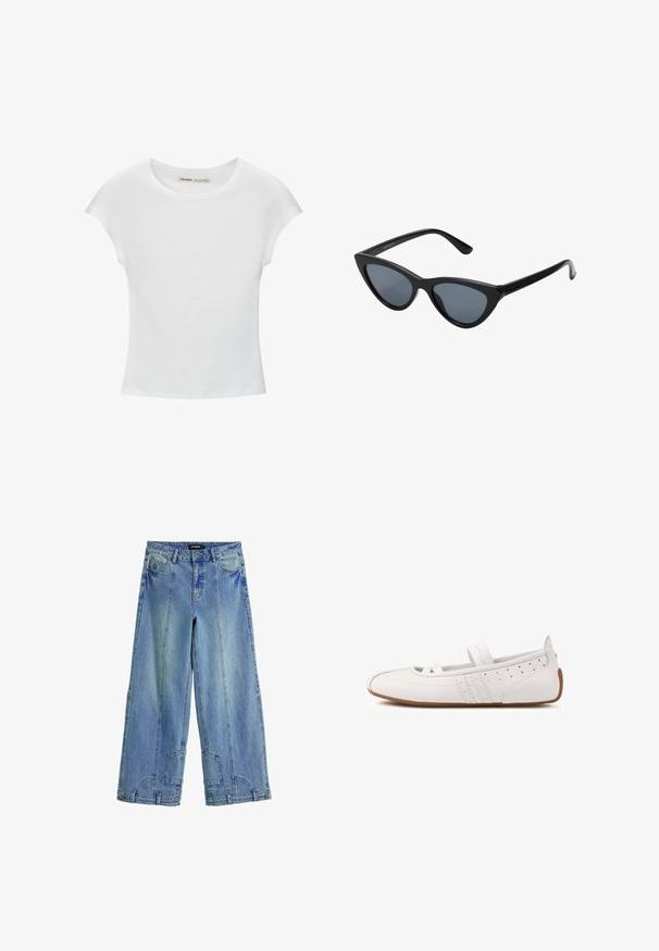 Witte katoenen T-shirt met korte, opgerolde mouwen, een ronde halslijn en een rechte zoom. Gladde textuur zonder zichtbare patronen of accenten.; Lichtblauwe wijde jeans van denim, met een hoge taille, opvallende stiksels en patchachtige accenten op de achterzakken.; Witte leren platte schoen met twee elastische banden, geperforeerde details en een bruine rubberen zool, zijwaarts weergegeven op een witte achtergrond.; Zwarte cat-eye zonnebril met donkergrijze lenzen, slank plastic frame, puntige hoeken en rechte pootjes. Geen zichtbare hardware of accenten.