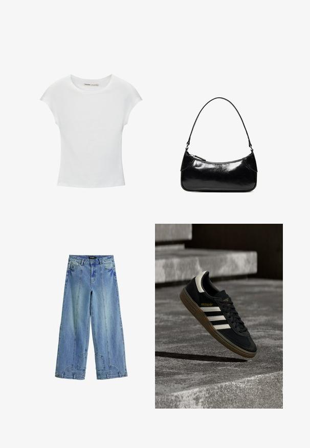 Witte katoenen T-shirt met korte, opgerolde mouwen, een ronde halslijn en een rechte zoom. Gladde textuur zonder zichtbare patronen of accenten.; Lichtblauwe wijde jeans van denim, met een hoge taille, opvallende stiksels en patchachtige accenten op de achterzakken.; Zwarte Adidas sneaker met witte strepen en gumzool die boven grijze betonnen trappen zweeft in natuurlijk licht.; Zwarte glanzende leren schoudertas met één ritssluitingvak en een dunne band die in een boogvorm is gebogen.