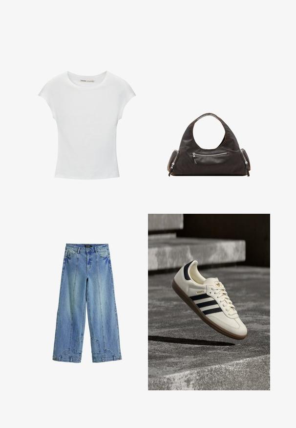 Hvid bomuld t-shirt med korte, opsmøgede ærmer, rund halsudskæring og lige kant. Glat tekstur uden synlige mønstre eller detaljer.; Lysblå, brede jeans i denim med høj talje, markante syninger og lappe-lignende detaljer på baglommerne.; Hvid Adidas Samba sneaker med sorte striber og gummsål, svævende over teksturerede grå betonstrin.; Sort læderhåndtaske med et rundt øverste håndtag, to sidelommer med lynlåse og glat tekstur. Let slap design.