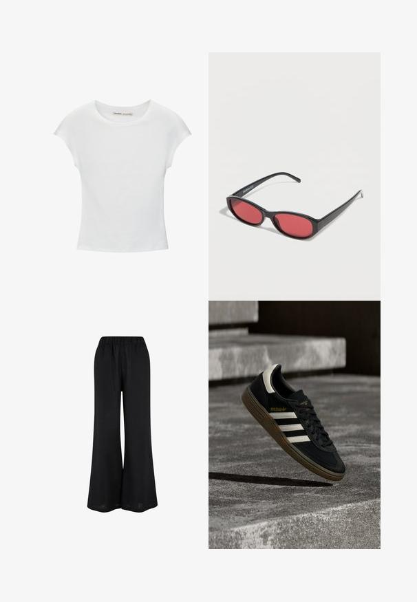 T-shirt en coton blanc avec manches courtes retroussées, encolure ronde et ourlet droit. Texture lisse sans motifs ni accents visibles.; Pantalons larges noirs en tissu léger. Dotés d'une taille élastique et d'un design fluide atteignant le sol.; Baskets Adidas noires avec des bandes blanches et une semelle en gomme flottant au-dessus d'escaliers en béton gris sous une lumière naturelle.; Lunettes de soleil ovales noires avec des branches fines et des verres teintés rouges posées sur une surface blanche.