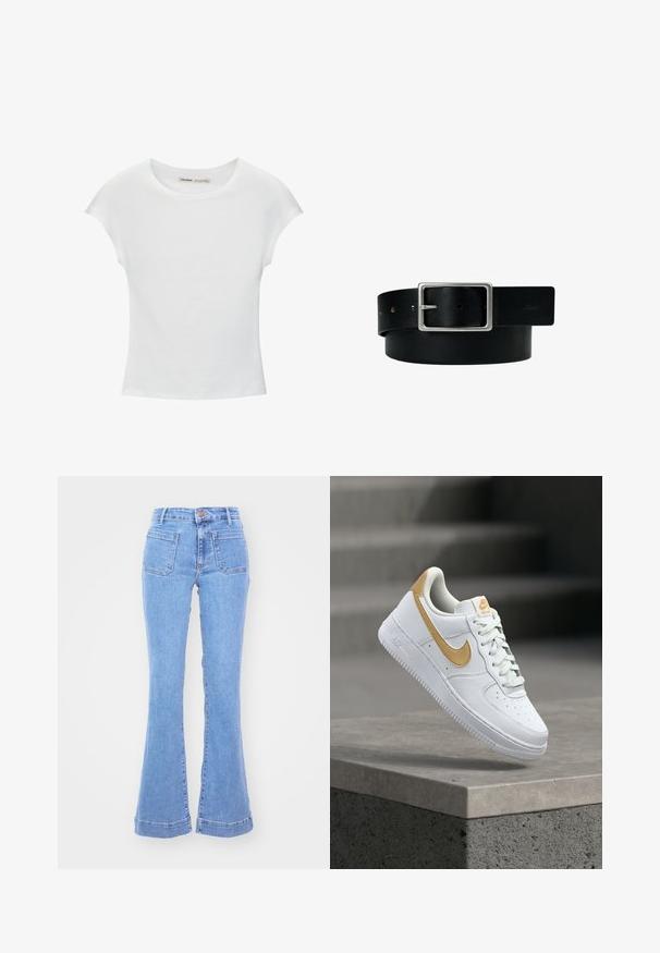Weißes Baumwoll-T-Shirt mit kurzen, aufgerollten Ärmeln, rundem Ausschnitt und geradem Saum. Glatte Textur ohne sichtbare Muster oder Akzente.; Hellblaue Jeans mit hoher Taille, aufgesetzten Fronttaschen und ausgestellten Beinen vor weißem Hintergrund.; Weiße Ledersneaker mit goldenen Akzenten, ausgestattet mit einer perforierten Zehenpartie, gepolstertem Kragen und strukturiertem Profil, schwebend über einer Betonoberfläche.; Schwarzer Ledergürtel mit silberner rechteckiger Schnalle und mehreren Verstelllöchern, flach auf weißem Hintergrund liegend.
