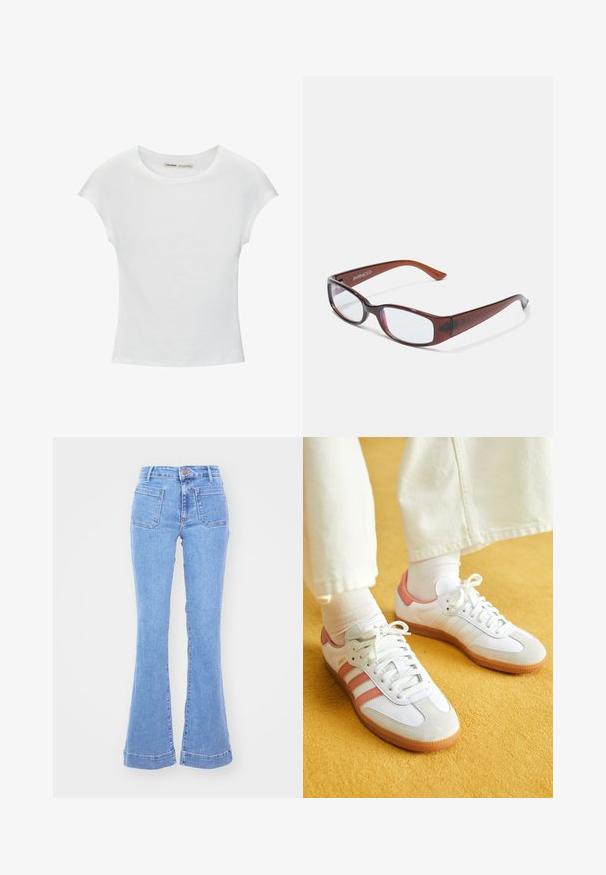 Witte katoenen T-shirt met korte, opgerolde mouwen, een ronde halslijn en een rechte zoom. Gladde textuur zonder zichtbare patronen of accenten.; Lichtblauwe high waist spijkerbroek met frontpockets en uitlopende pijpen tegen een effen witte achtergrond.; Witte sportschoenen met roze accenten, gemaakt van suede en leer, met een ronde neus en een rubberen zool, weergegeven met lichtgekleurde sokken op een gele achtergrond.; Bruin getinte rechthoekige brillen met een glanzende afwerking, met slanke pootjes en doorzichtige glazen. Logo zichtbaar op de linkertempel.