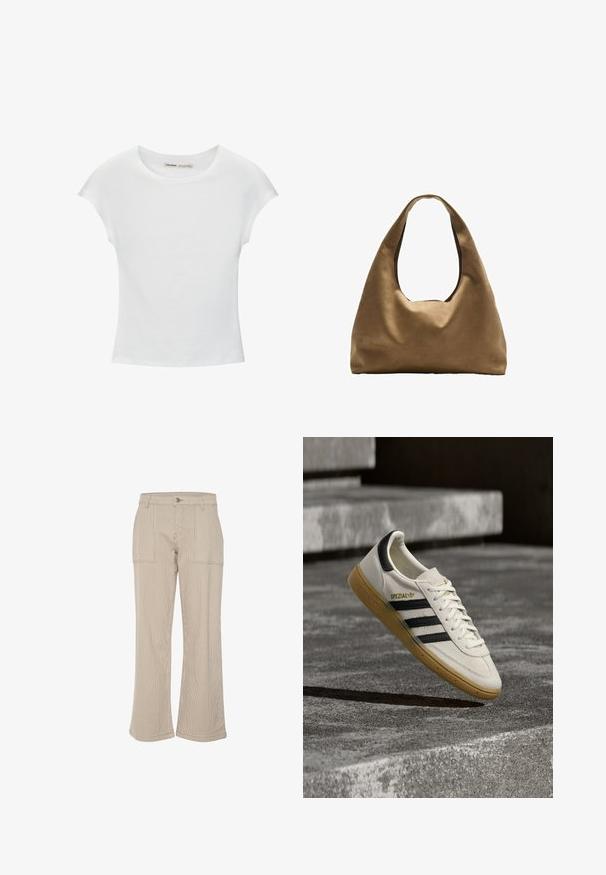 Hvid bomuld t-shirt med korte, opsmøgede ærmer, rund halsudskæring og lige kant. Glat tekstur uden synlige mønstre eller detaljer.; Beige kordfløjs bukser med vide ben og lodrette striber, med to forlommer og en enkelt knaplukning. Blød tekstur og afslappet pasform.; Hvid Adidas Spezial sneaker med sorte striber og gummisål, svævende over grå stentrin udendørs.; Brun stof skuldertaske med en bred, rundet krop og et stort udsnit håndtag. Blød tekstur, minimalistisk design og ingen synlig hardware.