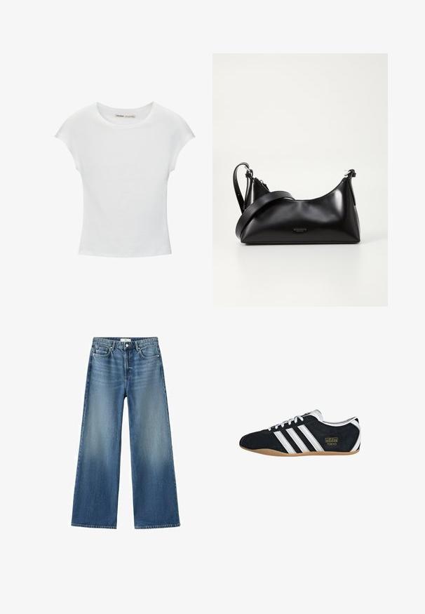 T-shirt en coton blanc avec manches courtes retroussées, encolure ronde et ourlet droit. Texture lisse sans motifs ni accents visibles.; Jean en denim bleu à jambes larges avec cinq poches, une fermeture à boutons et des passants pour ceinture.; Sneakers en suede noir avec trois bandes blanches, logo doré et semelle en caoutchouc marron. Présente un design à lacets à profil bas.; Sac à main en cuir noir avec une texture lisse. Dispose d'une bandoulière adjustable et d'un design élégant et minimaliste avec une fermeture éclair.