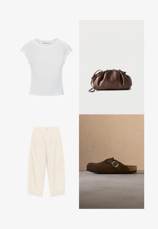 T-shirt en coton blanc avec manches courtes retroussées, encolure ronde et ourlet droit. Texture lisse sans motifs ni accents visibles.; Pantalon crème à taille haute et jambes larges, avec bouton avant, fermeture éclair, passants pour ceinture et poches latérales inclinées.; Chaussure à enfiler en daim marron avec une sangle tressée et une boucle métallique, dotée d'une semelle intérieure moulée et d'une semelle extérieure en caoutchouc texturée.; Sacoche en cuir marron doux avec un haut froncé et une fine bandoulière, posée sur un fond blanc.