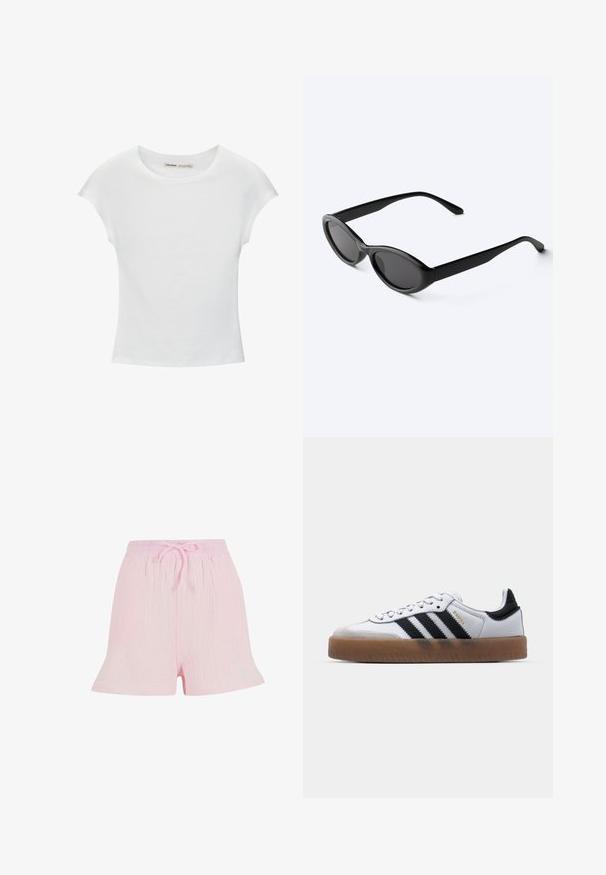 Hvid bomuld t-shirt med korte, opsmøgede ærmer, rund halsudskæring og lige kant. Glat tekstur uden synlige mønstre eller detaljer.; Lyserøde shorts lavet af tekstureret stof, med en elastisk talje og snoretræk samt en afslappet, udfladet silhuet.; Hvide lædersneakers med sorte striber, gummirubber sål, rund tå, snørelukning og blød grå ruskinds tåhætte.; Slanke sorte ovale solbriller med mørke linser og lige arme, hvilende på en hvid overflade.