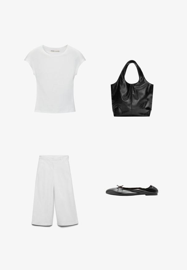 T-shirt en coton blanc avec manches courtes retroussées, encolure ronde et ourlet droit. Texture lisse sans motifs ni accents visibles.; Pantalon blanc à jambes larges en coton. Il comprend une fermeture à bouton et à glissière, deux poches avant, et une texture lisse.; Ballerine en cuir noir avec un petit nœud à l'avant et une couture arrière légèrement froncée, vue de profil sur fond blanc.; Sac fourre-tout en cuir noir avec une texture lisse, un haut arrondi doux et de larges poignées. Présente une couture minimale et une silhouette décontractée.