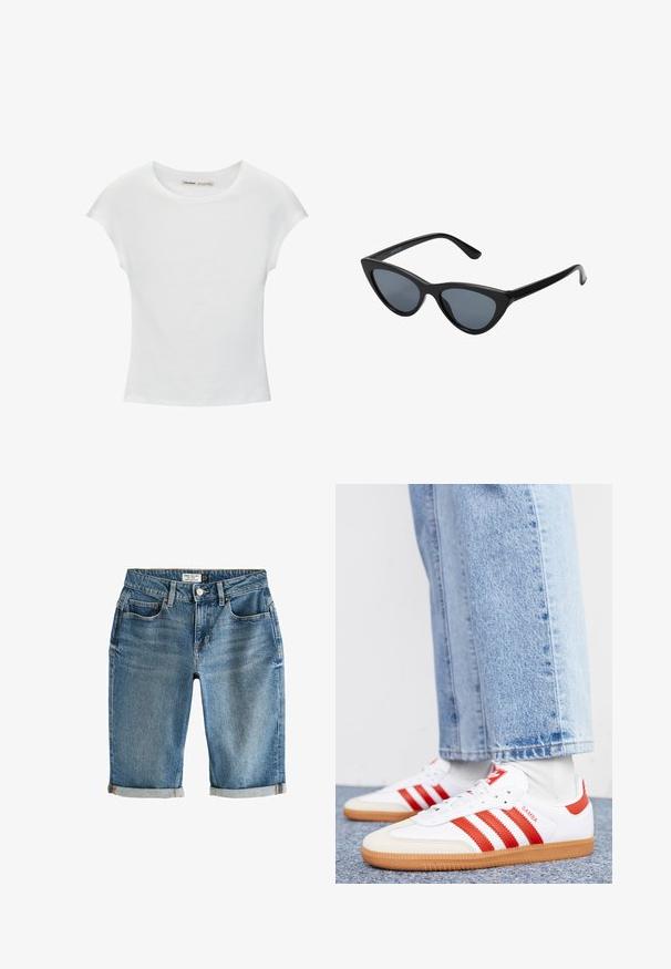 Witte katoenen T-shirt met korte, opgerolde mouwen, een ronde halslijn en een rechte zoom. Gladde textuur zonder zichtbare patronen of accenten.; Blauwe denim knielange shorts met een omgeslagen zoom, vijf zakken en een metalen knoopsluiting. Stof heeft een licht vervaagde uitstraling.; Witte leren sneakers met rode strepen en accenten. Voorzien van een getextureerde gumrubberen outsole en een gevoerde kraag. Draag ze met lichtblauwe denim.; Zwarte cat-eye zonnebril met donkergrijze lenzen, slank plastic frame, puntige hoeken en rechte pootjes. Geen zichtbare hardware of accenten.