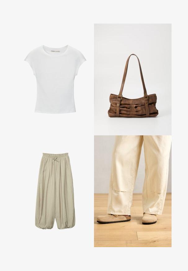 T-shirt en coton blanc avec manches courtes retroussées, encolure ronde et ourlet droit. Texture lisse sans motifs ni accents visibles.; Pantalon large beige ample avec taille élastique, lien coulissant, poches latérales et détails cloutés le long des coutures extérieures.; Pantalons larges beiges portés avec des sabots en suède tan de style Birkenstock sur un sol en bois clair.; Even&Odd Sac à main - brown