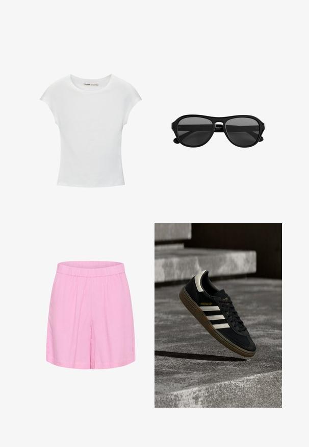 T-shirt en coton blanc avec manches courtes retroussées, encolure ronde et ourlet droit. Texture lisse sans motifs ni accents visibles.; Shorts en coton rose avec une taille élastique, offrant une coupe décontractée et une texture lisse, adaptés à un usage décontracté.; Baskets Adidas noires avec des bandes blanches et une semelle en gomme flottant au-dessus d'escaliers en béton gris sous une lumière naturelle.; Lunettes de soleil à monture en plastique noir avec des verres teintés foncés et un pont étroit, vues de face sur un fond blanc.