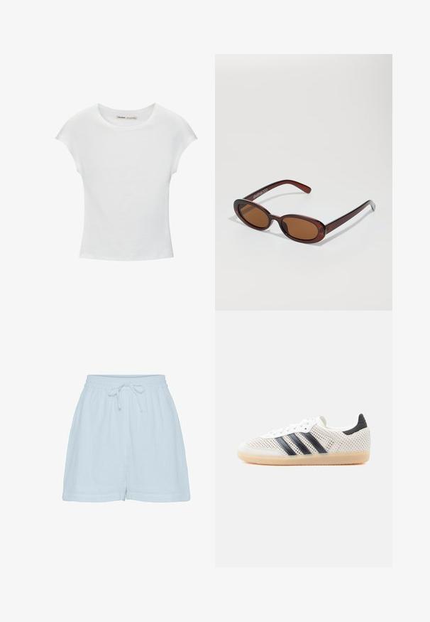 T-shirt en coton blanc avec manches courtes retroussées, encolure ronde et ourlet droit. Texture lisse sans motifs ni accents visibles.; Shorts ample bleu clair avec taille élastique et lien à l'avant, en tissu doux légèrement texturé.; Baskets en maille blanche avec un design à trois bandes noires, bout arrondi et semelle en caoutchouc gomme. Dotées d'un col de talon souple et d'une fermeture à lacets.; Lunettes de soleil rondes teinte brun avec une monture bordeaux brillante. Branches fines avec un détail de marque subtil. Design de verres plats.