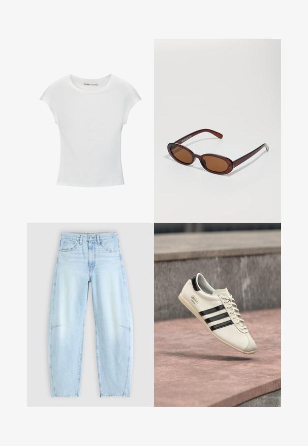 Hvid bomuld t-shirt med korte, opsmøgede ærmer, rund halsudskæring og lige kant. Glat tekstur uden synlige mønstre eller detaljer.; Lyseblå denimjeans med en afslappet pasform, der har høj talje, fem-lommers design og subtilt slid med frynset kant.; Hvid Adidas-sneaker med sorte striber og beige sål, svævende over en lyserød betonoverflade og grå stensbaggrund.; Runde, bruntonede solbriller med en glansfuld bordeauxramme. Slanke arme med diskret brandingdetalje. Flad linsedesign.