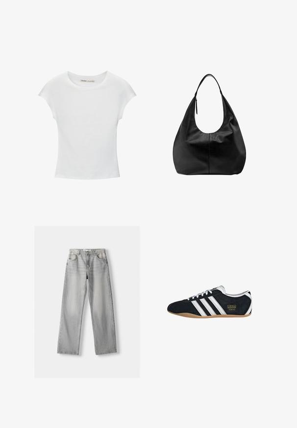 Hvid bomuld t-shirt med korte, opsmøgede ærmer, rund halsudskæring og lige kant. Glat tekstur uden synlige mønstre eller detaljer.; Lys grå denim jeans med lige pasform, der har to frontlommer, en knappelukning og diskrete slidser for tekstur.; Sort ruskinds sneaker med hvide tre striber, guldlogo og en brun gummisål. Har et lavprofil snørebåndsdesign.; Sort læder slouchy hobo-håndtaske med en enkelt bred rem og en lynlåsdetalje på en ensfarvet hvid baggrund.