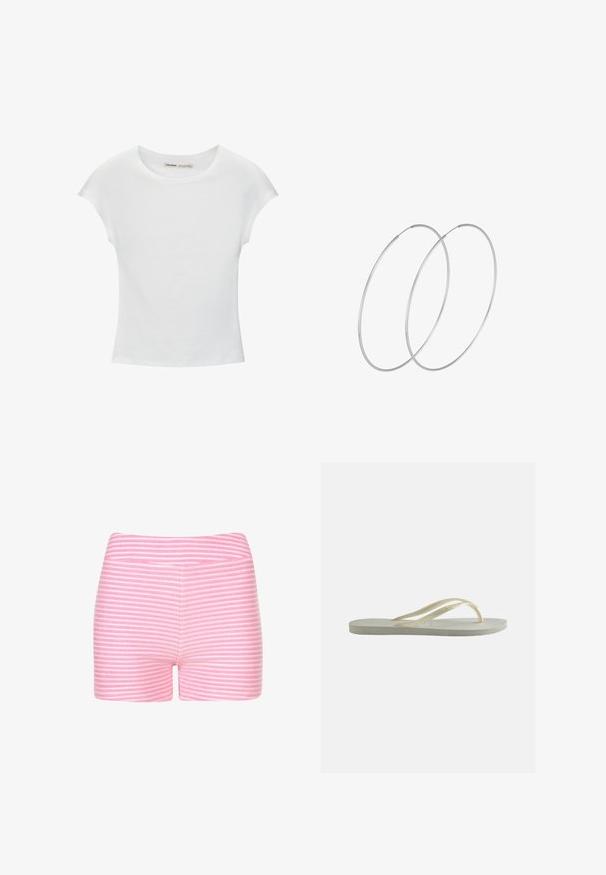 Witte katoenen T-shirt met korte, opgerolde mouwen, een ronde halslijn en een rechte zoom. Gladde textuur zonder zichtbare patronen of accenten.; Roze en witte gestreepte shorts van zachte stof. Heeft een getailleerd ontwerp en een soepele tailleband zonder aanvullende details of hardware.; Enkele ecru rubberen teenslipper met dunne bandjes en een gestructureerd voetbed, zijaanzicht op een effen achtergrond.; Zilveren hoepel oorbellen met een minimalistisch ontwerp. Cirkelvormig, gladde textuur en dun profiel. Lichtgewicht met een gepolijste afwerking.