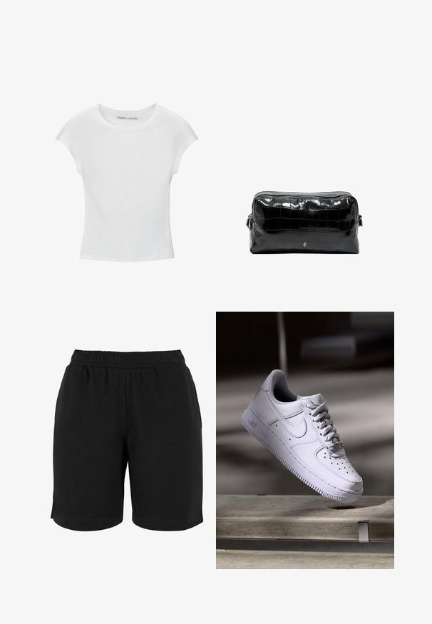 Hvid bomuld t-shirt med korte, opsmøgede ærmer, rund halsudskæring og lige kant. Glat tekstur uden synlige mønstre eller detaljer.; Sorte bomulds shorts med elastisk talje, der har en glat tekstur og en simpel pasform. Ingen lommer eller udsmykninger er synlige.; Hvid Nike Air Force 1 sneaker svævende over en betonoverflade med skygger i et minimalistisk miljø.; Sort blank rektangulær toilettaske med krokodillemønster, øverste lynlås og lille sølvlogo centreret på forsiden.