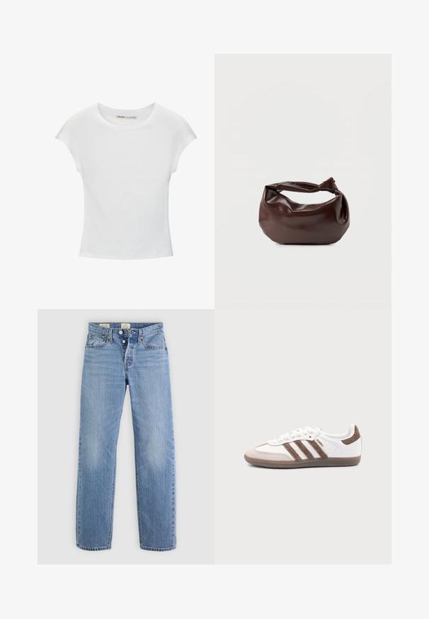 Hvid bomuld t-shirt med korte, opsmøgede ærmer, rund halsudskæring og lige kant. Glat tekstur uden synlige mønstre eller detaljer.; Lysblå denimjeans med lige ben-design, metalknaplukning, forlommer og diskrete falmenotater over det hele.; Hvid Adidas Samba sneaker med brune ruskindstriber, brun gummisål og beige ruskindståhætte, vist fra ydersiden på en ensfarvet baggrund.; Mørkebrun læder skuldertaske med en blød, afslappet form og et snoet knudehåndtag på en ensartet hvid baggrund.