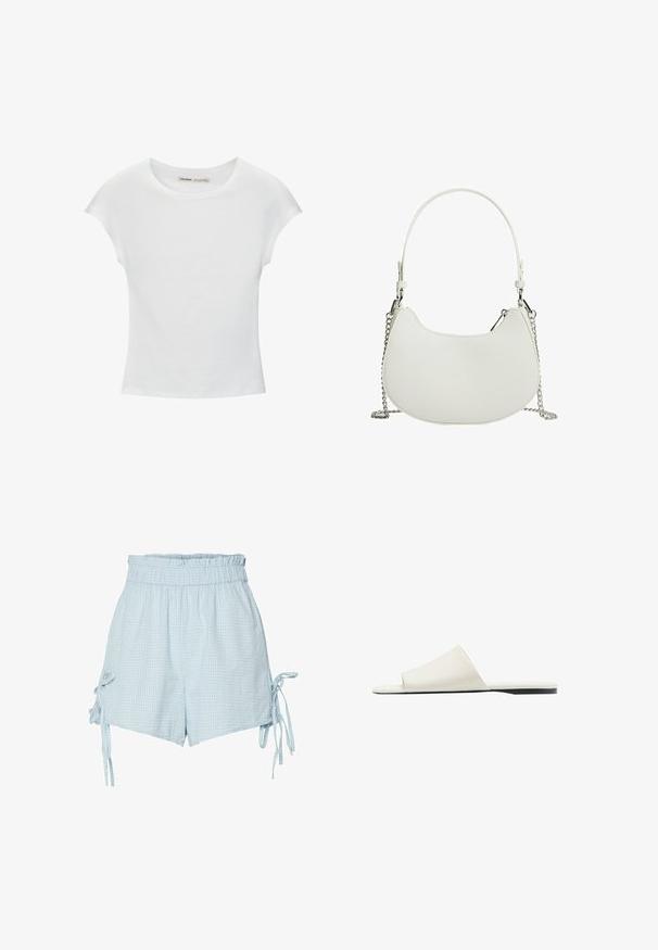 Hvid bomuld t-shirt med korte, opsmøgede ærmer, rund halsudskæring og lige kant. Glat tekstur uden synlige mønstre eller detaljer.; Lyseblå gingham shorts med elastisk talje. Har sidelæg og en afslappet pasform. Fremstillet af blød, letvægtsstof.; Hvid slidesandal med en bred rem og flad sål, vist i sidevisning på en hvid baggrund.; Hvid syntetisk håndtaske med en buet form, der har en kædestrop og minimalistisk design. Glat tekstur med sølvfarvede metaldele.