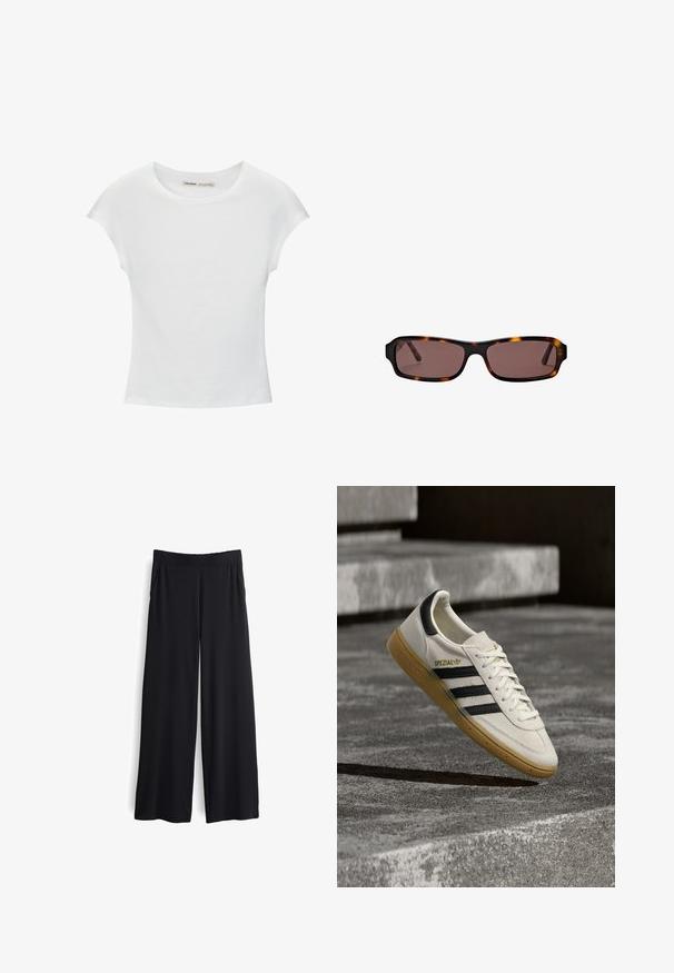Weißes Baumwoll-T-Shirt mit kurzen, aufgerollten Ärmeln, rundem Ausschnitt und geradem Saum. Glatte Textur ohne sichtbare Muster oder Akzente.; Schwarze, weit geschnittene Hose mit glatter Textur und elastischem Bund. Ausgestattet mit Seitentaschen und lockerem Sitz für zusätzlichen Komfort.; Weißer Adidas Spezial Sneaker mit schwarzen Streifen und Kautschuksohle, der über grauen Steinstufen im Freien schwebt.; Rechteckige Schildpatt-Sonnenbrille mit dunkelbraunen Gläsern und schlanken Bügeln, vor weißem Hintergrund dargestellt.