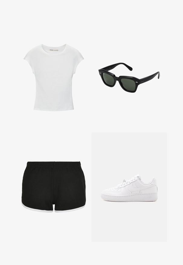Witte katoenen T-shirt met korte, opgerolde mouwen, een ronde halslijn en een rechte zoom. Gladde textuur zonder zichtbare patronen of accenten.; Zwarte sportshorts van een textuurstof, met een witte biezing langs de beenopeningen en een elastische tailleband voor comfort.; Low-top witte sneaker met geperforeerde neus, vetersluiting, textuurschoen en een subtiel Swoosh-logo aan de zijkant.; Zwarte vierkante zonnebril met donker groene lenzen, uitgerust met gedurfde monturen en zilveren accenten aan de zijkanten. Gemaakt in Italië.