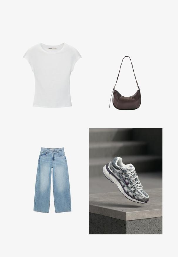 Weißes Baumwoll-T-Shirt mit kurzen, aufgerollten Ärmeln, rundem Ausschnitt und geradem Saum. Glatte Textur ohne sichtbare Muster oder Akzente.; Hellblaue Jeans mit weitem Bein, hoher Taille, Vorderseitentaschen, Gürtelschlaufen und dünnem verstellbarem Kordelzuggürtel.; Weißer und grauer Nike-Sneaker mit lila Akzenten, schwebend über einem Betonsims mit verschwommenen Treppen im Hintergrund.; Dunkelbraune Leder-Schultertasche mit gewölbtem Boden, verstellbarem Riemen, Reißverschluss und dekorativen Nähten.