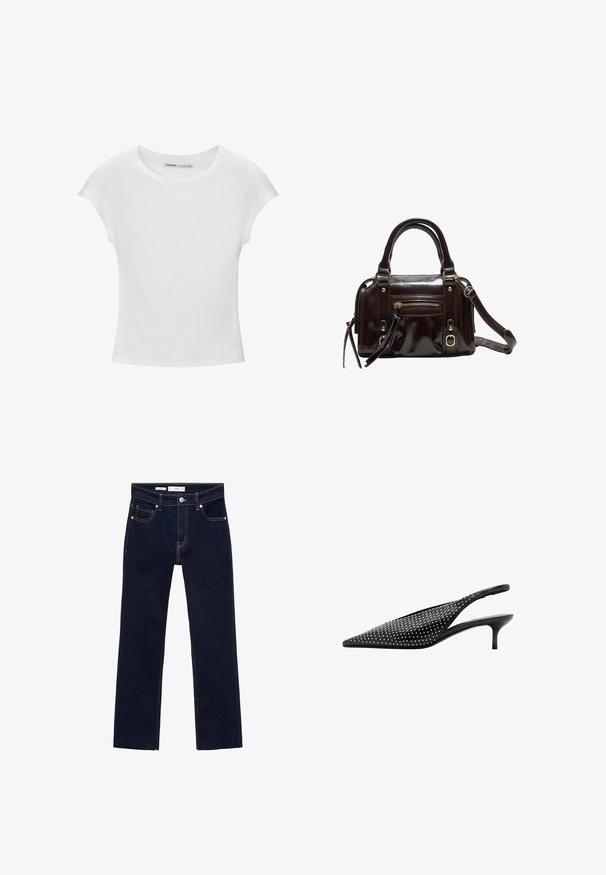 Hvid bomuld t-shirt med korte, opsmøgede ærmer, rund halsudskæring og lige kant. Glat tekstur uden synlige mønstre eller detaljer.; Mørkeblå denim jeans med lige ben design, der har orange syninger, fem lommer og en metal knaplukning i livet.; Sort slingback-pumps med spids tå, lav kitten-hæl og sølvnittepynt, der dækker overdelen.; Brun lakeret håndtaske med dobbelte håndtag, aftagelig skulderrem, frontlomme med lynlås og hardware i guld-tone.
