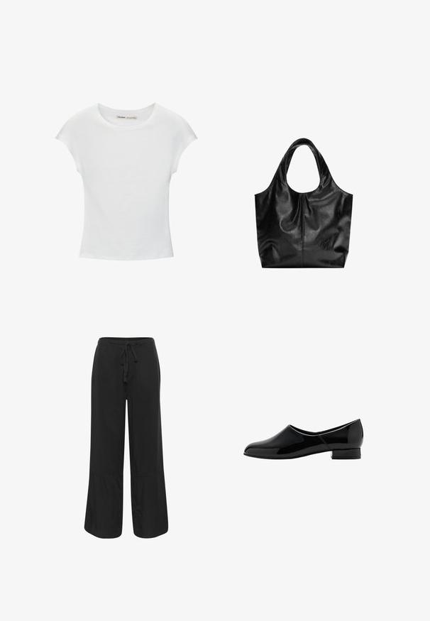 Weißes Baumwoll-T-Shirt mit kurzen, aufgerollten Ärmeln, rundem Ausschnitt und geradem Saum. Glatte Textur ohne sichtbare Muster oder Akzente.; Culture CUNAVI CLARINA - Stoffhose - black; Schwarze Lackleder-Slipper mit abgerundeter Zehenpartie und niedrigem Blockabsatz. Glatte Oberfläche, minimalistisches Design, keine sichtbaren Verzierungen.; Schwarze Leder-Tote mit glatter Textur, weichem, abgerundetem Oberteil und breiten Tragegriffen. Merkmale minimale Nähte und eine lässige Silhouette.
