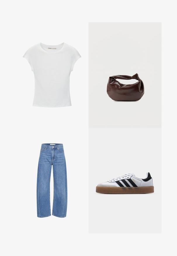 Witte katoenen T-shirt met korte, opgerolde mouwen, een ronde halslijn en een rechte zoom. Gladde textuur zonder zichtbare patronen of accenten.; Lichtblauwe denim wijde broek met hoge taille, voorzien van een knoop en ritssluiting, vijf zakken en subtiele vervagingsdetails.; Witte leren sneakers met zwarte strepen, gumrubberen buitenzool, ronde neus, vetersluiting en een zachte grijze suède neuskap.; Donkerbruine leren schoudertas met een zachte, slungelige vorm en een gedraaide knoopvormige handgreep op een effen witte achtergrond.