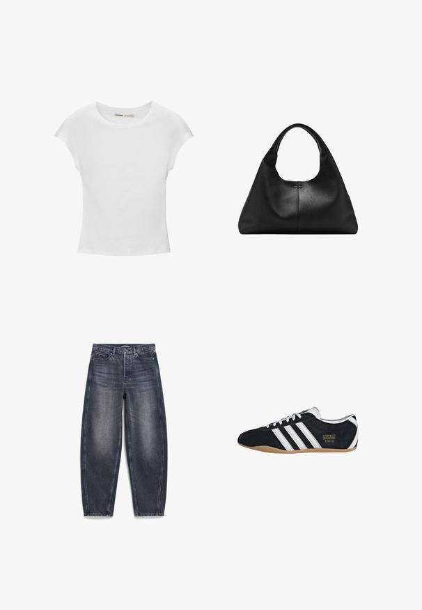 Witte katoenen T-shirt met korte, opgerolde mouwen, een ronde halslijn en een rechte zoom. Gladde textuur zonder zichtbare patronen of accenten.; Donkergrijze, hoogtailll jeans van denim met een losse pasvorm. Bevat vijf zakken, een knoopsluiting en subtiele vervagingseffecten voor textuur.; Zwarte suède sneaker met witte drie strepen, gouden logo en een bruine rubberen zool. Heeft een laag profiel vetersluiting ontwerp.; Zwarte handtas van getextureerd leer met brede basis en dikke afgeronde handgrepen, met een centrale verticale naad en subtiele stikdetails.