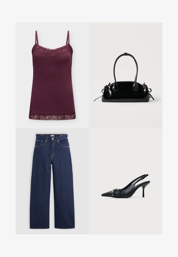 Dame ærmeløs blommefarvet camisole med tynde stropper og blondekantdetalje ved halsudskæring og kant mod ensfarvet baggrund.; Mørkeblå denim brede ben jeans med høj talje, der har fem lommer, bæltestropper og detaljer med kobber stikninger. Glat tekstur.; Sort læder højhælet sko med spidst tåparti, slingback og rem med spænde og nitter foran.; Lille sort blank håndtaske med to lange håndtag og snøre-detaljer i siden på en ensfarvet lys baggrund.