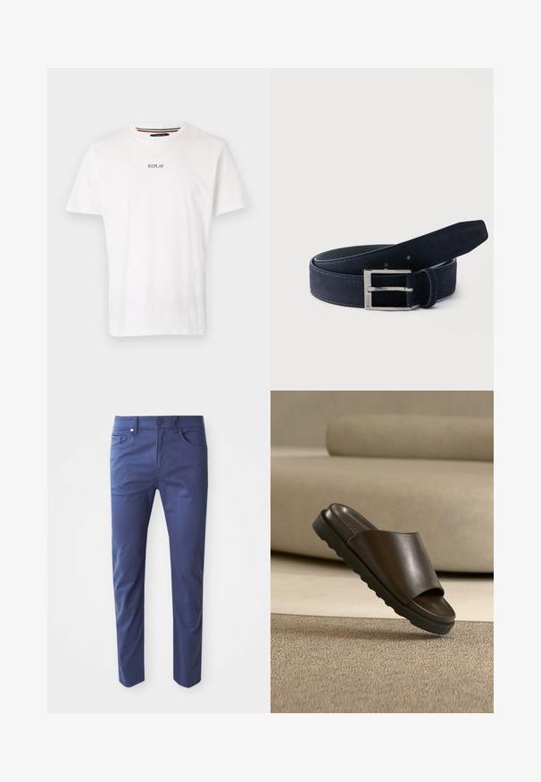 Camiseta de algodón blanca con diseño de cuello en V, mangas cortas y un pequeño logotipo "REPLAY" impreso en el pecho. Textura suave, corte casual.; Pantalones de algodón azul marino con un corte ajustado, diseño de cinco bolsillos y cierre frontal con botón. Textura suave con sutiles detalles de costura.; Sandalia tipo slide de cuero marrón oscuro con suela gruesa sobre una alfombra beige frente a un sofá beige curvado.; Cinturón enrollado de ante azul oscuro con hebilla rectangular plateada grabada con la palabra "BOSS" sobre un fondo claro y liso.